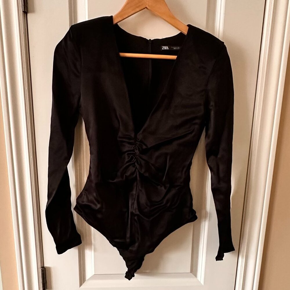 Zara Black Satin Bodysuit - Size Small